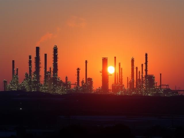 Oil refinery at sunset